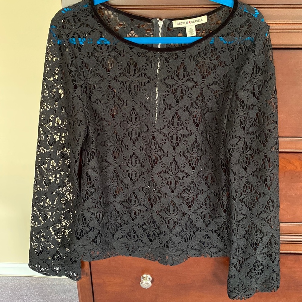 Andrew Charles black lace top with velvet trim